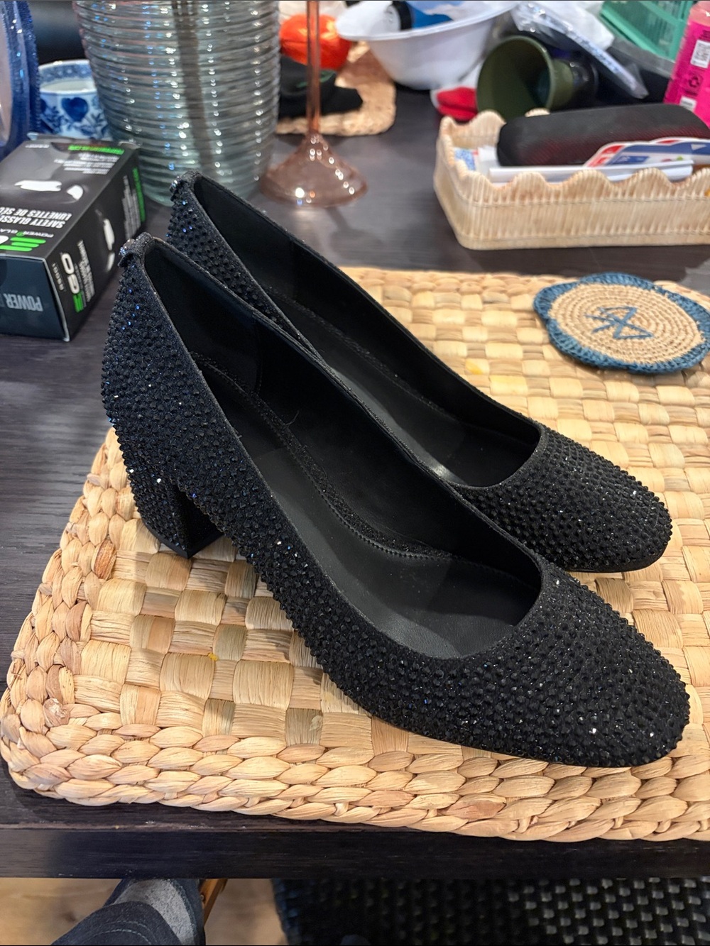MICHAEL Michael Kors Black Crystal-Embellished Block Heel Pumps New 9
